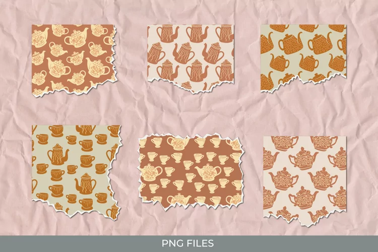 Vintage Tea Pot Seamless Pattern Torn Paper