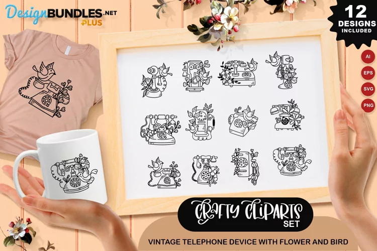 Vintage Telephone Device With Flower And Bird Clipart Set