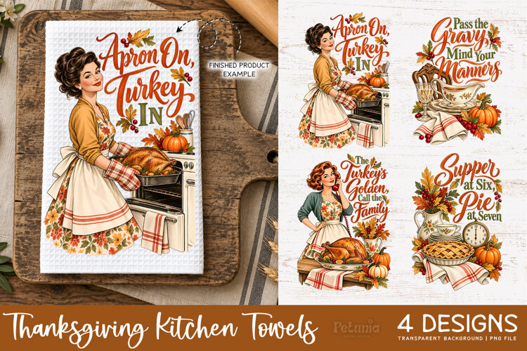 1950s Thanksgiving kitchen towel PNG collection with four nostalgic vintage holiday illustrations