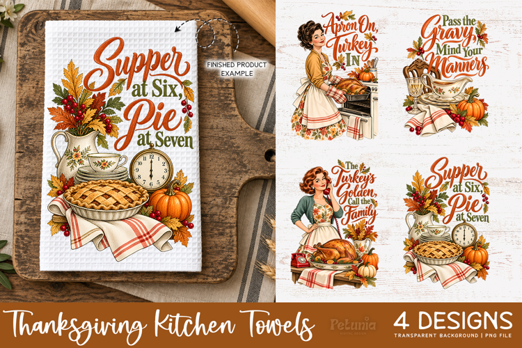 Vintage Thanksgiving Hostess Towels PNG 4 Designs