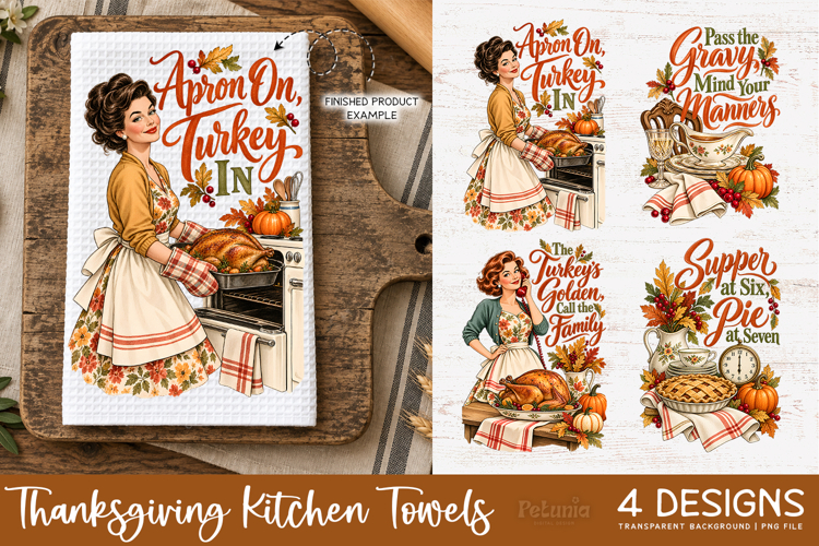 Vintage Thanksgiving Hostess Towels PNG 4 Designs