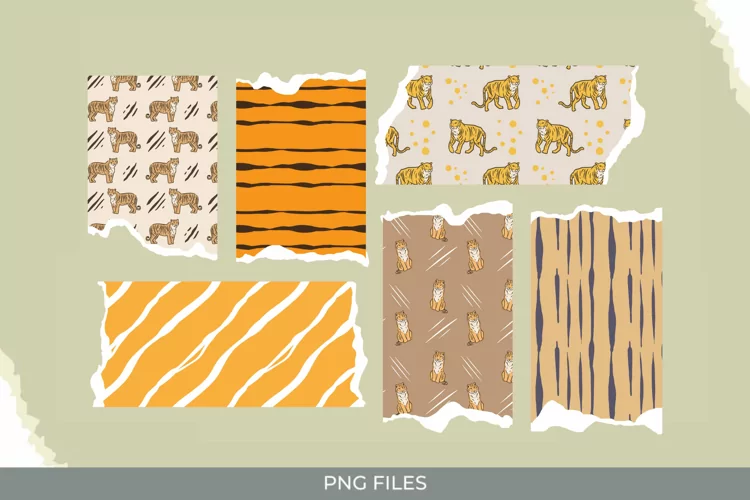 Vintage Tiger Seamless Pattern Torn Paper