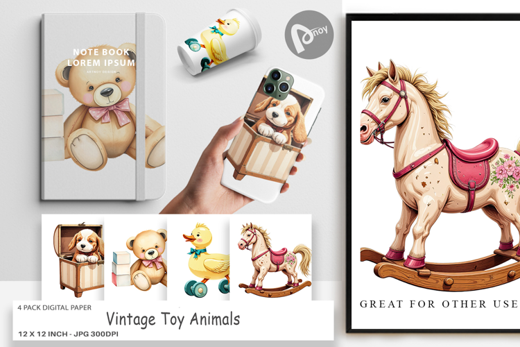 Digital Paper Vintage Toy Animals
