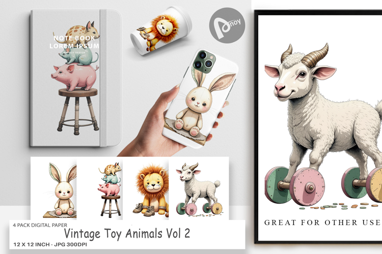 Digital Paper Vintage Toy Animals
