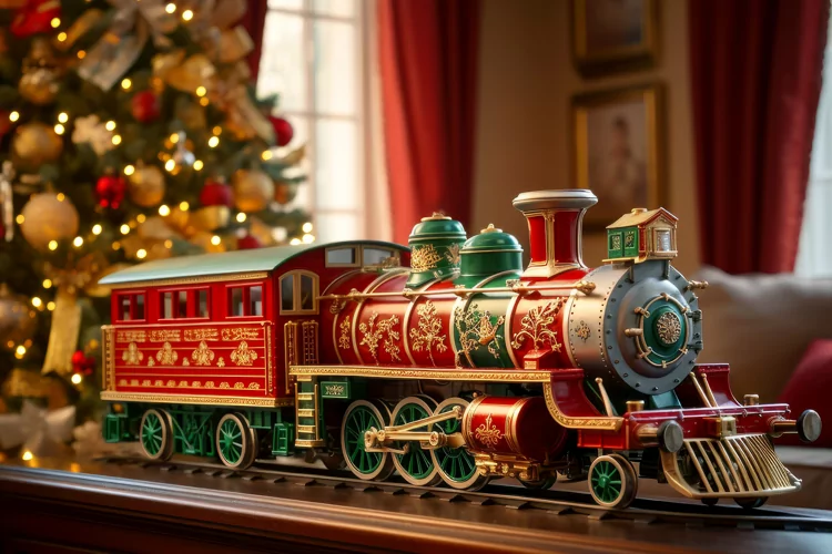 Vintage toy train Christmas tree in background