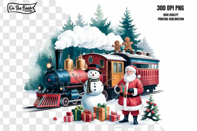 Vintage Train & Santa PNG Christmas Train Sublimation Print