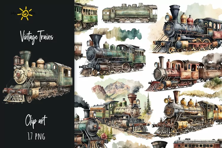 Vintage Trains Watercolor Clipart