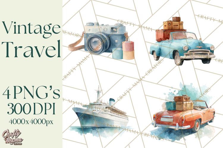 Vintage Travel Clipart, Watercolor Suitcase Clipart PNG