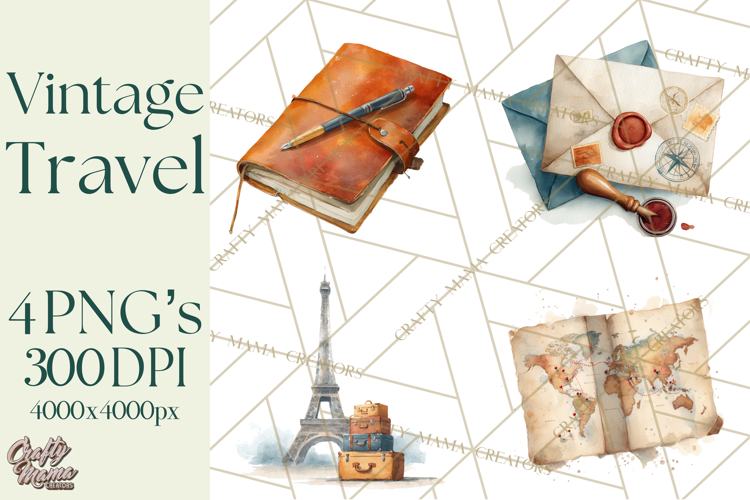 Vintage Travel Clipart, Watercolor Suitcase Clipart PNG