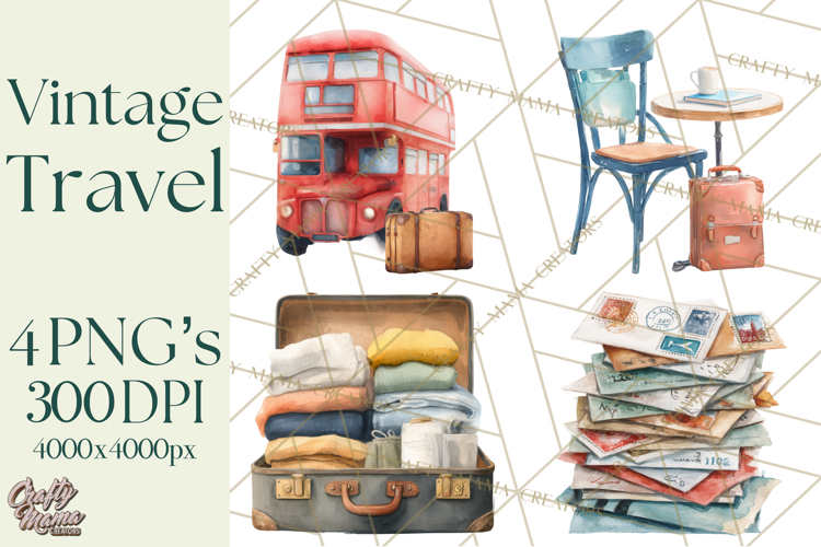 Vintage Travel Clipart, Watercolor Suitcase Clipart PNG