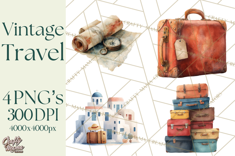 Vintage Travel Clipart, Watercolor Suitcase Clipart PNG