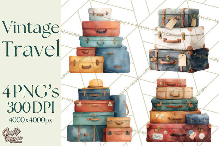 Vintage Travel Clipart, Watercolor Suitcase Clipart PNG