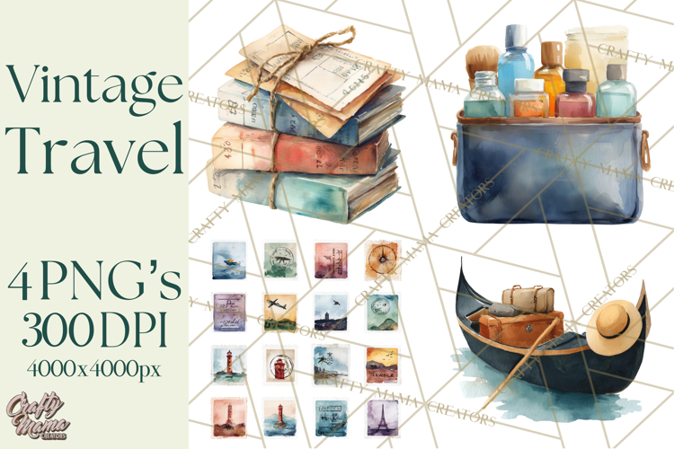 Vintage Travel Clipart, Watercolor Suitcase Clipart PNG