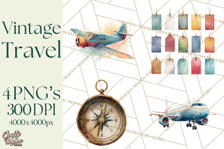 Vintage Travel Clipart, Watercolor Suitcase Clipart PNG