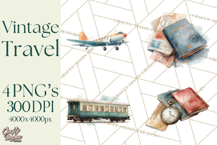 Vintage Travel Clipart, Watercolor Suitcase Clipart PNG