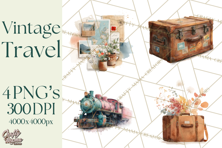 Vintage Travel Clipart, Watercolor Suitcase Clipart PNG