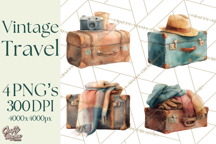 Vintage Travel Clipart, Watercolor Suitcase Clipart PNG