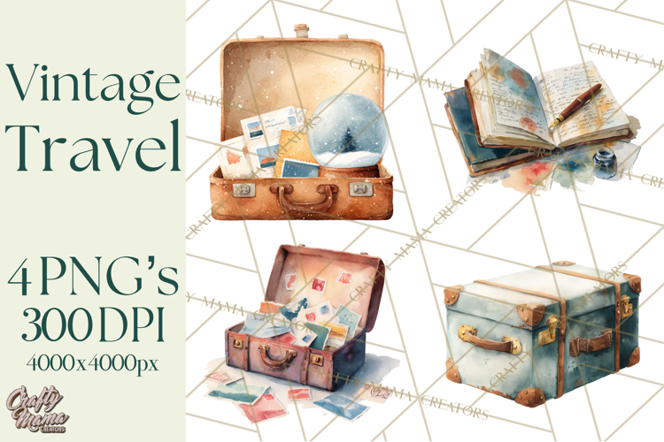 Vintage Travel Clipart, Watercolor Suitcase Clipart PNG
