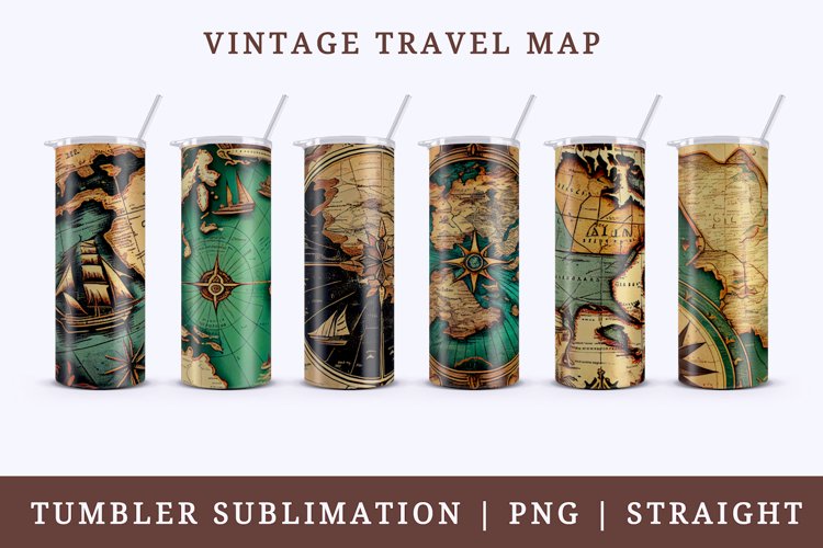 Vintage Travel Map tumbler sublimation bundle 6 wrap design