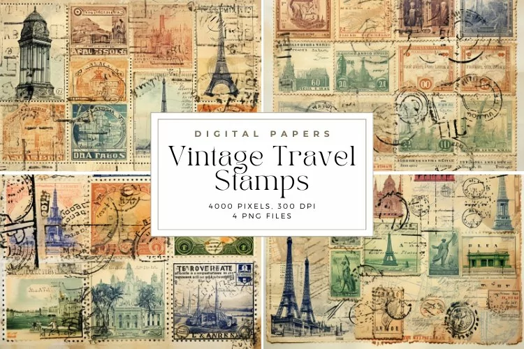 4 Vintage Travel Stamps Background