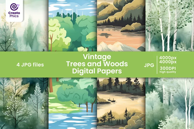 vintage trees and woods patterns digital scrapbooking papers