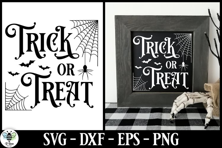 Trick or Treat vintage style sign being shown with a skeleton hand