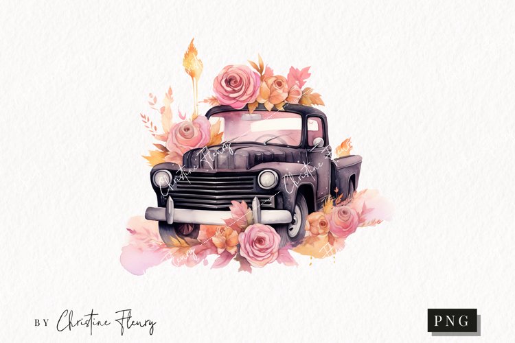 Pastel Pink Watercolor Vintage Truck Clipart | Watercolor example image 1