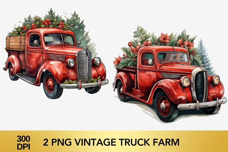 2 png Vintage Truck Farm Clipart, Christmas Truck Sublimatio