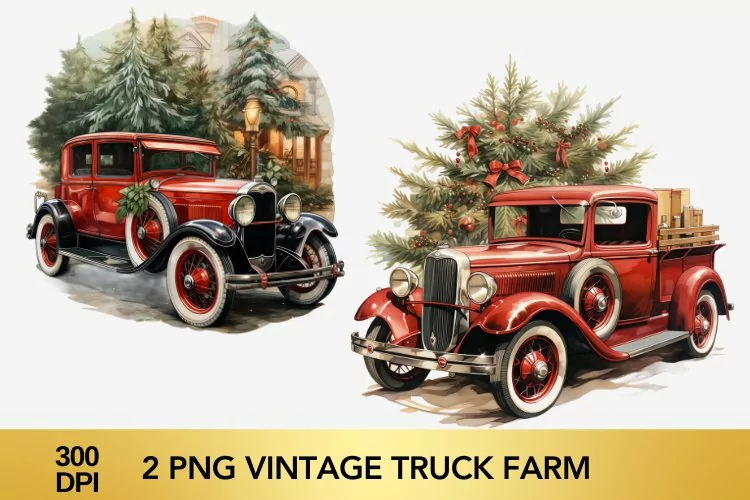 2 png Vintage Truck Farm Clipart, Christmas Truck Sublimatio