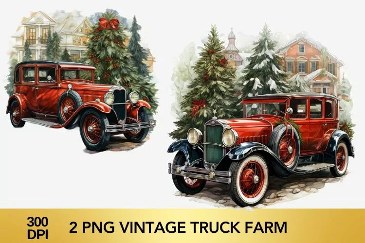 2 png Vintage Truck Farm Clipart, Christmas Truck Sublimatio