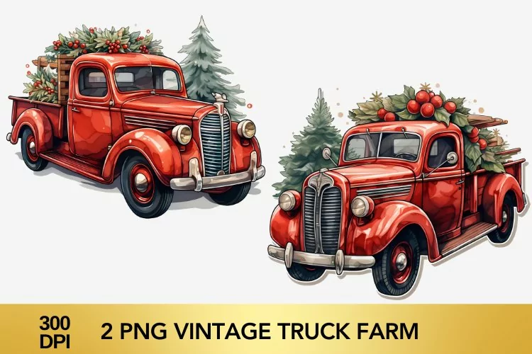 2 png Vintage Truck Farm Clipart, Christmas Truck Sublimatio