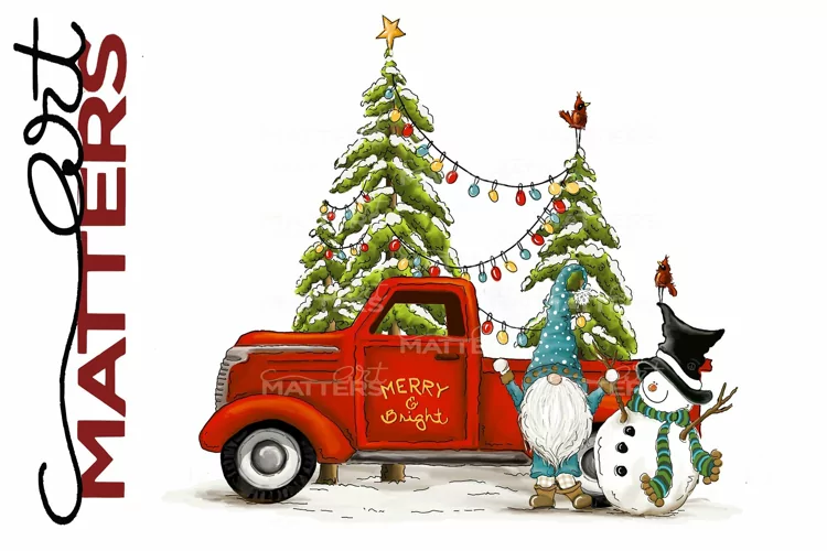 Vintage Truck Merry Snowman Tree - 300 DPI