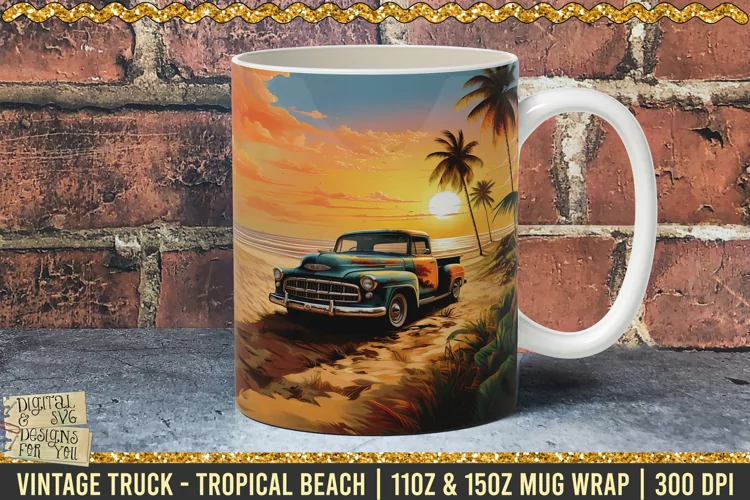 Vintage Truck - Tropical Beach Sunset Mug Wrap | 300 dpi PNG