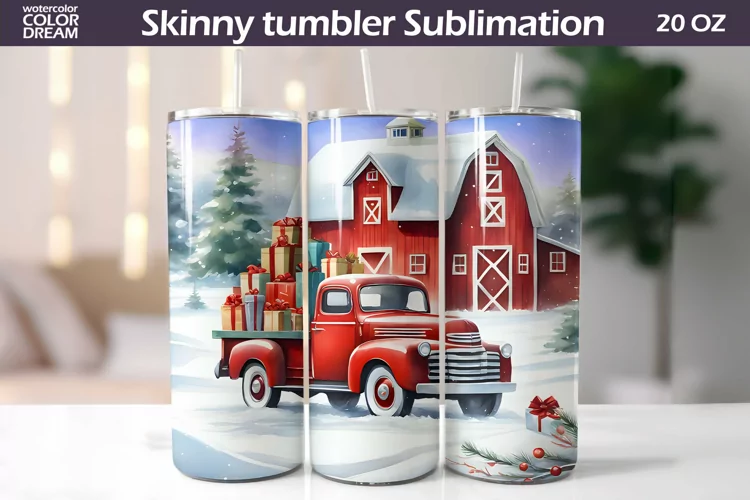 Vintage Red Truck Tumbler Wrap | Christmas Farm Tumbler