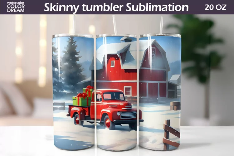 Vintage Red Truck Tumbler Wrap | Christmas Farm Tumbler
