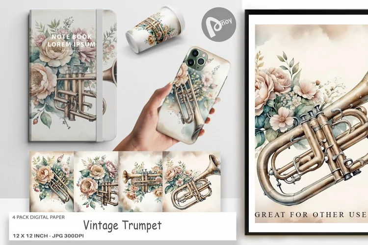 Digital Paper Vintage Trumpet