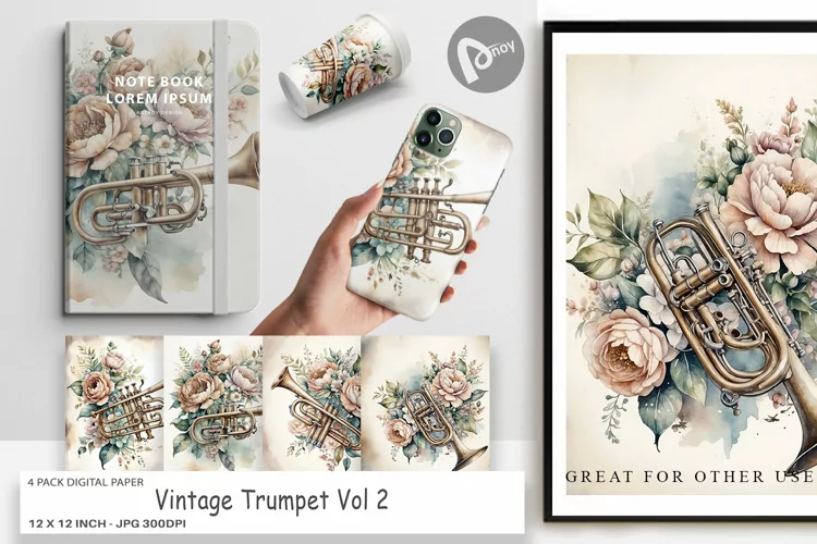 Digital Paper Vintage Trumpet