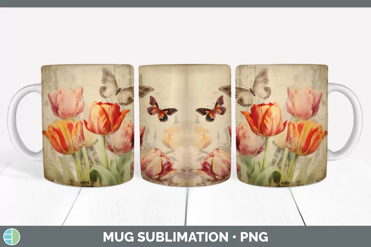 Vintage Tulip Flowers Mug Wrap | Sublimation Coffee Cup Desi