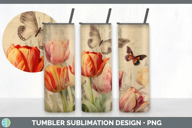Vintage Tulip Flowers Tumbler | Sublimation 20 oz Skinny Tum