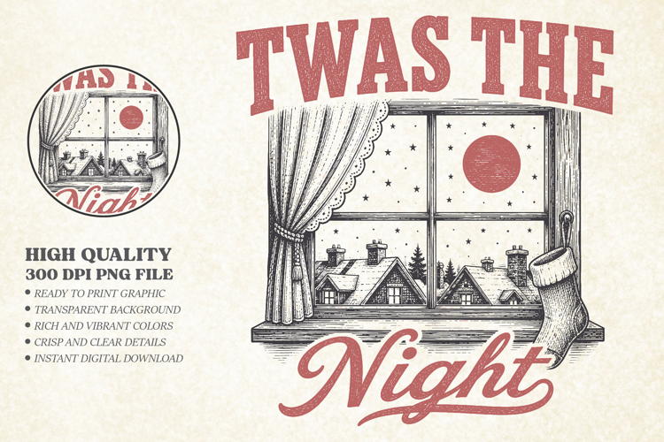 Vintage Twas The Night Christmas Design, Xmas Window PNG