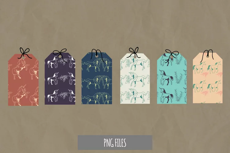 Vintage Unicorn and Floral Seamless Pattern Shaped Tags
