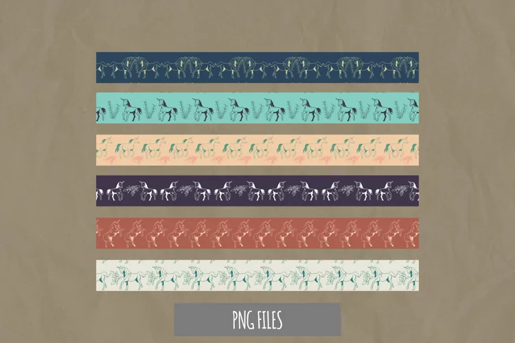 Vintage Unicorn and Floral Seamless Pattern Strips