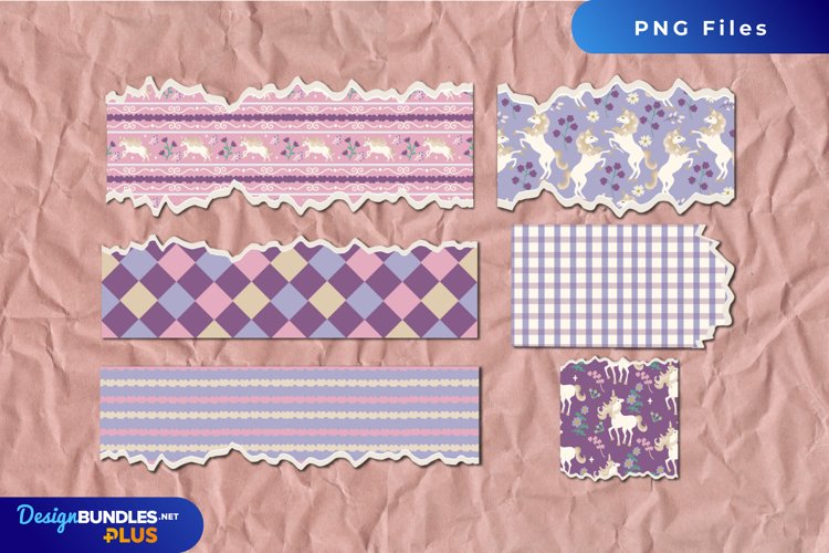 Vintage Unicorn and Floral Seamless Pattern Torn Paper example image 1