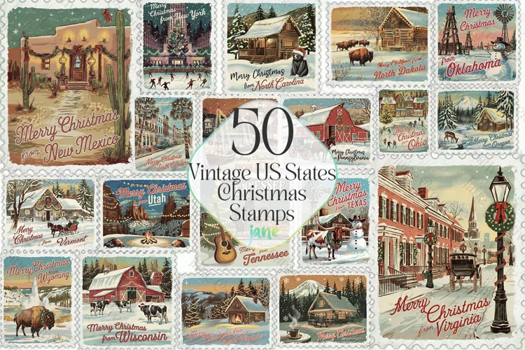 Vintage 50 States US Stamps Sublimation