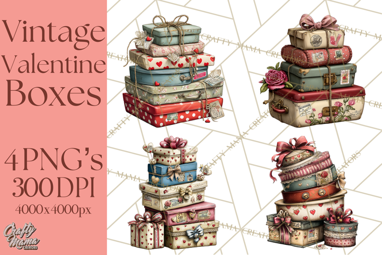 Vintage Valentine Gift Boxes Clipart PNG, Romantic Heart