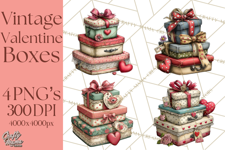Vintage Valentine Gift Boxes Clipart PNG, Romantic Heart