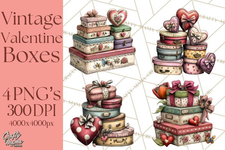 Vintage Valentine Gift Boxes Clipart PNG, Romantic Heart