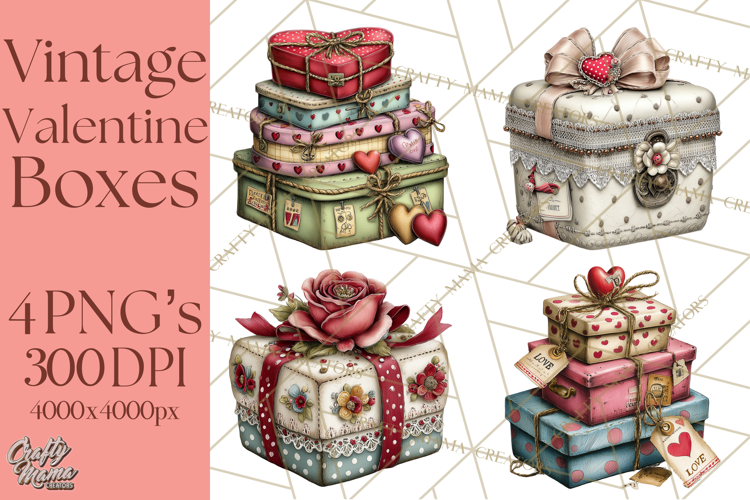 Vintage Valentine Gift Boxes Clipart PNG, Romantic Heart