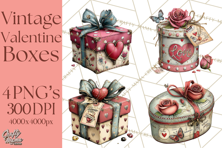 Vintage Valentine Gift Boxes Clipart PNG, Romantic Heart