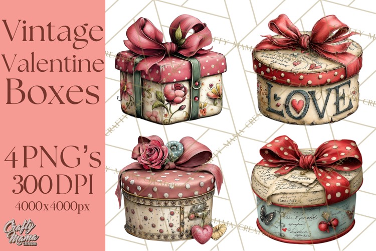 Vintage Valentine Gift Boxes Clipart PNG, Romantic Heart